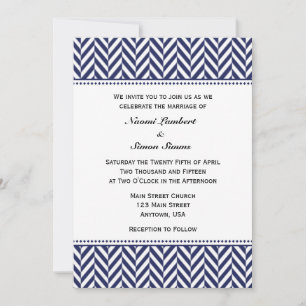 Navy Blue White Herringbone Wedding Invitation