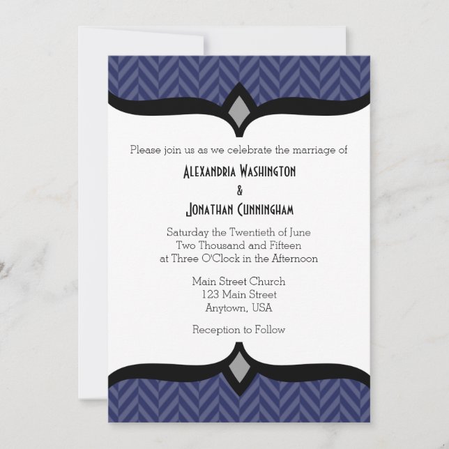 Navy Blue White Herringbone Wedding Invitation (Front)