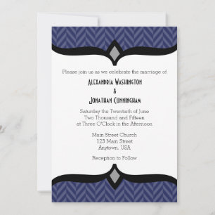 Navy Blue White Herringbone Wedding Invitation