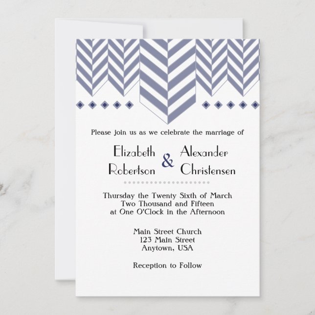 Navy Blue White Herringbone Wedding Invitation (Front)
