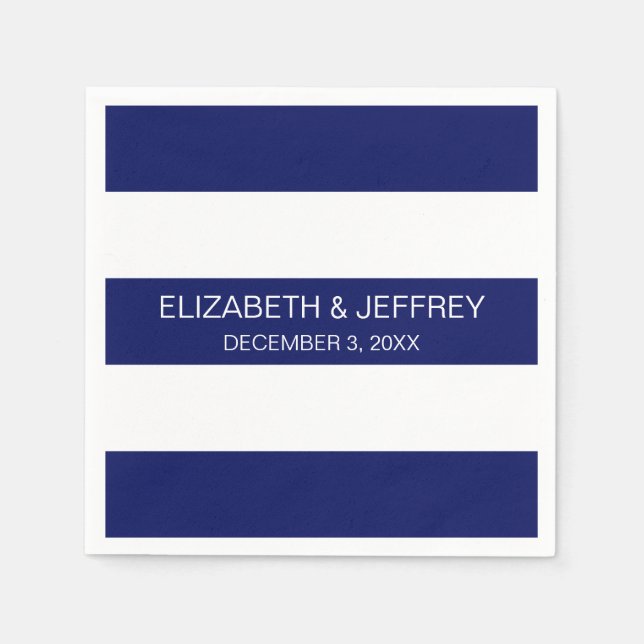 Navy Blue White Horiz Preppy Stripe #3 Monogram Napkin (Front)