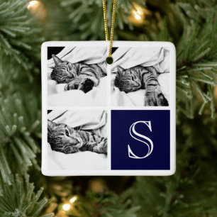 Navy Blue & White Instagram Photo Collage Monogram Ceramic Ornament