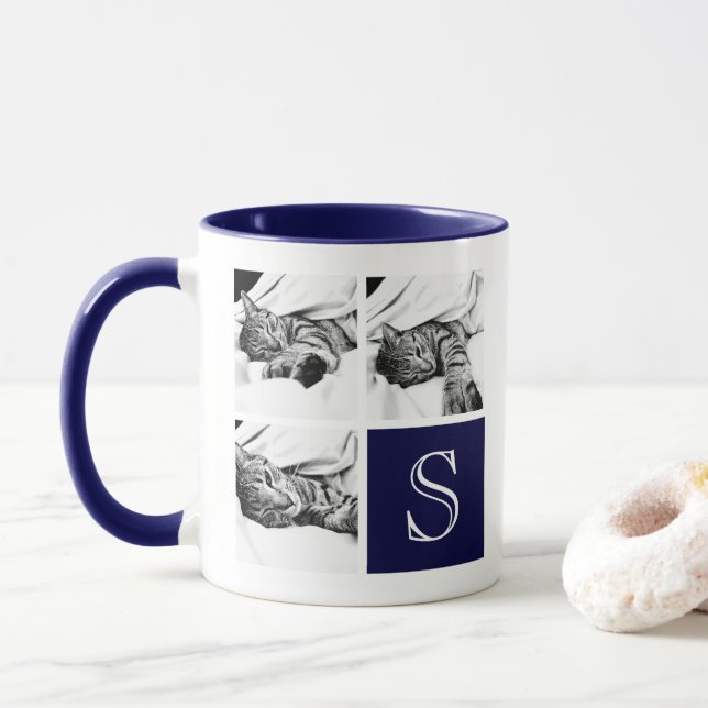 Navy Blue & White Instagram Photo Collage Monogram Mug (With Donut)