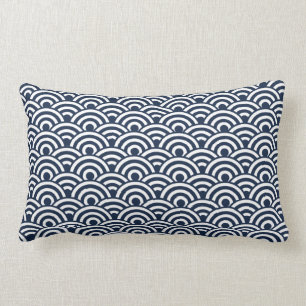 Navy Blue White Japanese Wave Pattern Lumbar Cushion