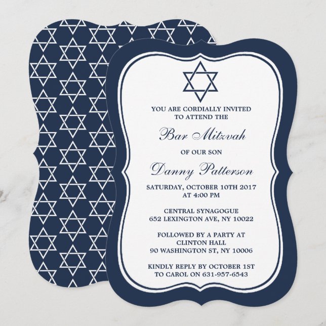Navy Blue & White Jewish Star Of David Bar Mitzvah Invitation (Front/Back)