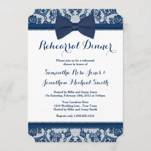 Navy Blue & White Lace Bow Rehearsal Dinner Invitation