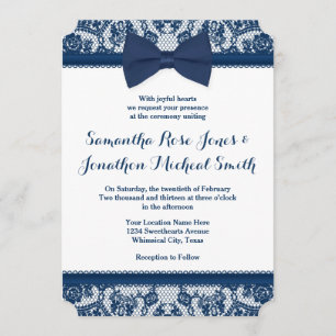 Navy Blue & White Lace Bow Wedding Invitation