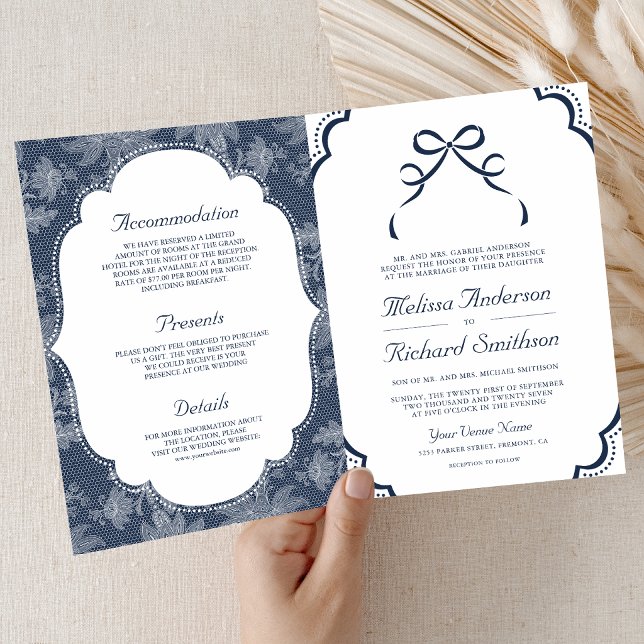Navy Blue White Lace Coquette Bow QR Code Wedding Invitation (Creator Uploaded)