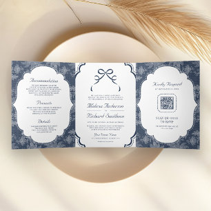 Navy Blue White Lace Coquette Bow QR Code Wedding Tri-Fold Invitation