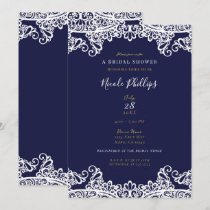 Navy Blue & White Lace Elegant Bridal Shower   Invitation