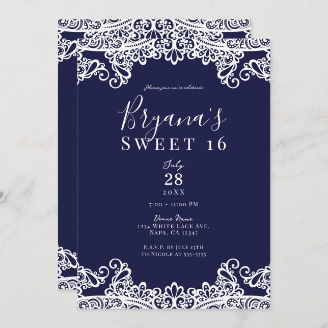 Navy Blue & White Lace Elegant Sweet 16 Party Invitation (Front/Back)
