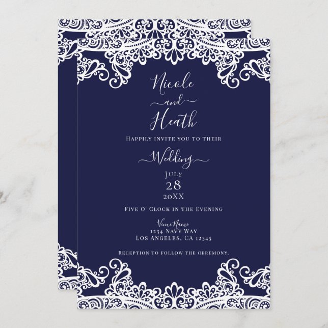 Navy Blue & White Lace Elegant Wedding Invitation (Front/Back)