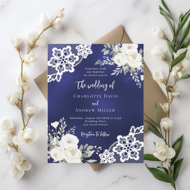 Navy blue white lace floral wedding invitation (Creator Uploaded)