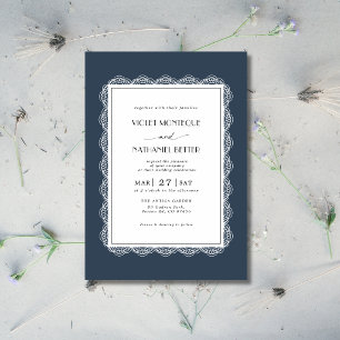Navy Blue & White Lace Old Money Romantic Wedding Invitation