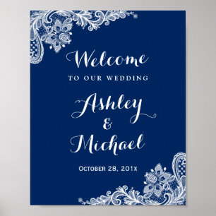 Navy Blue White Lace Wedding Reception Sign