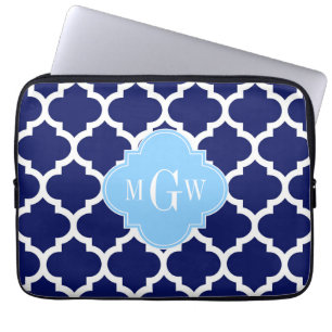 Navy Blue White LG Chevron Sky Blue Name Monogram Laptop Sleeve