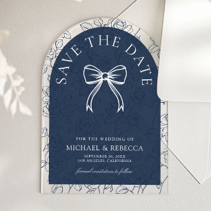 Navy Blue White Line Art Bow Wedding Save the Date Acrylic Invitations