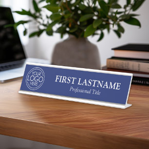 Navy Blue White - Logo, Name, Professional Title Desk Name Plate