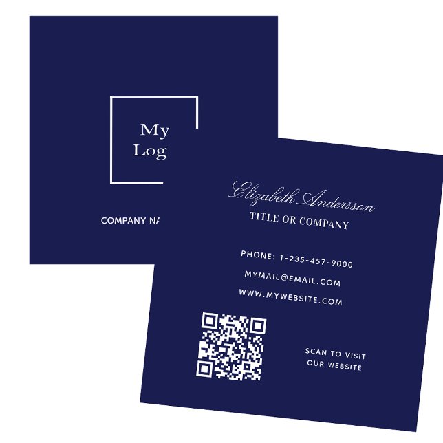 Navy blue white logo QR code elegant Square Business Card (Creator Uploaded)