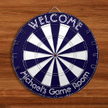 Navy Blue White Man Cave Pub Game Night Dorm Room Dartboard<br><div class="desc">Create your own custom, personalised, fun, cool, stylish, navy blue and white colour, white font / typography / script / text, regulation size (18"diameter, 1"h) aluminium frame metal cage dart board. Comes with 6 brass darts (3 American flag dart flights and 3 UK dart flights). You may mount it anywhere...</div>