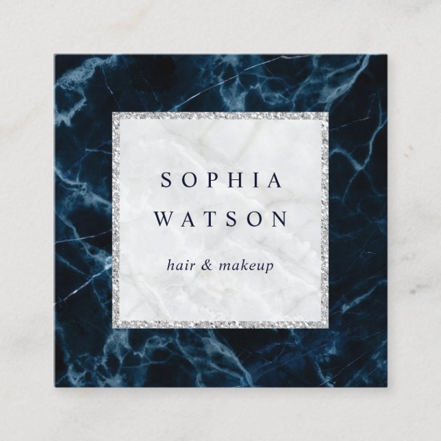 Navy Blue White Marble Square Business Card (Front)
