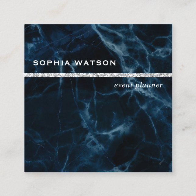 Navy Blue White Marble Square Business Card (Front)