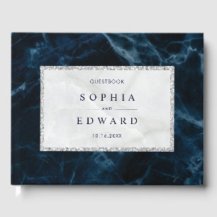 Navy Blue White Marble Wedding Guest Book