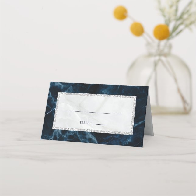 Navy Blue White Marble Wedding Table Place Card (Front)