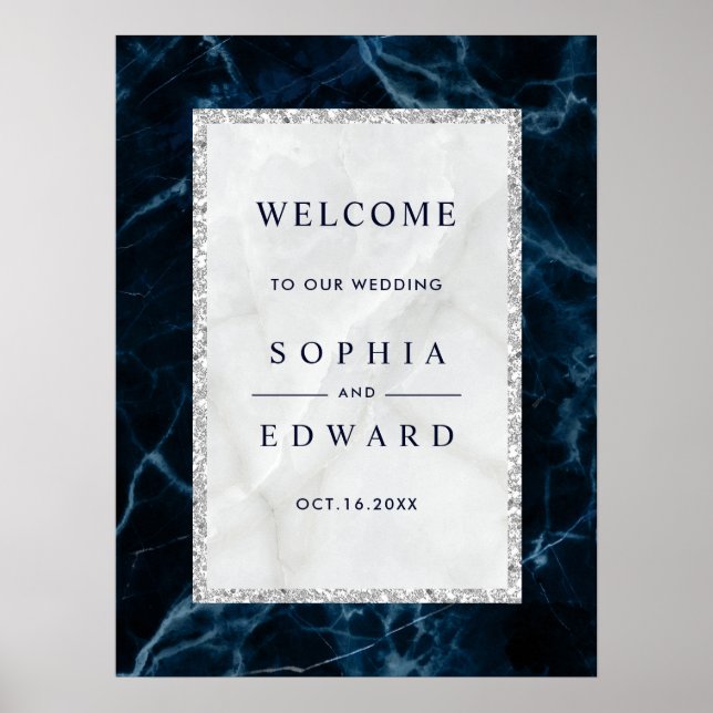 Navy Blue White Marble Wedding Welcome Sign (Front)