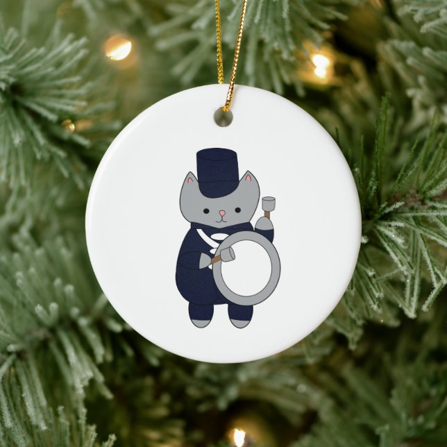 Navy Blue White Marching Band Drummer Cat Ceramic Tree Decoration (Tree)