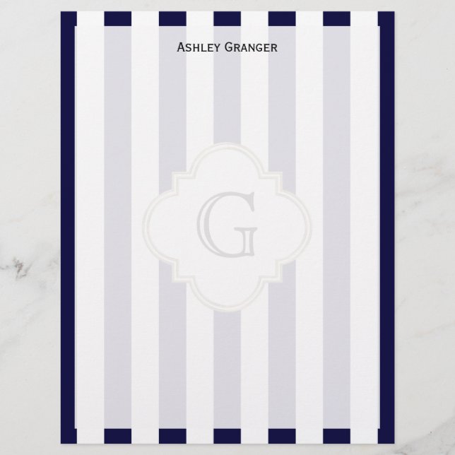 Navy Blue White Medium Stripe White Monogram Label (Front)