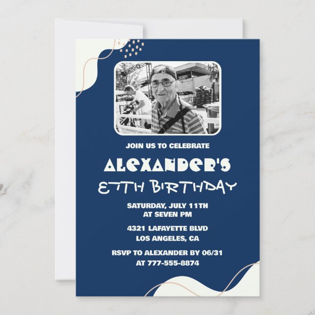 Navy Blue White Men Photo 87th birthday Invitation (Front)