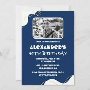Navy Blue White Men Photo 96th birthday Invitation