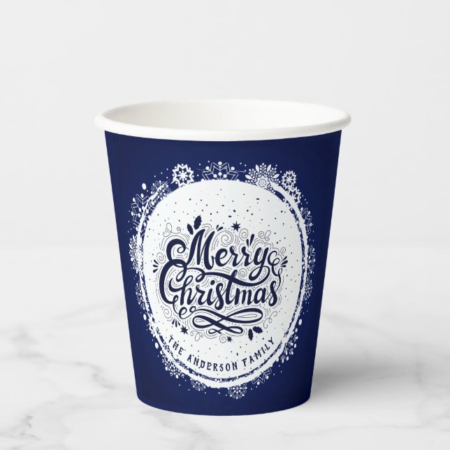 Navy Blue & White Minimal Elegant Merry Chirtsmas Paper Cups (Front)