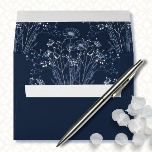 Navy Blue White Minimal Floral Wildflower Wedding  Envelope