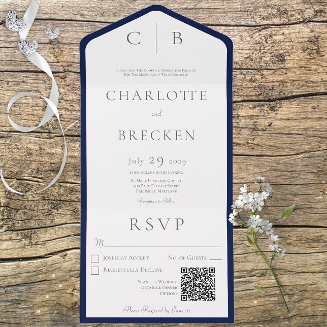 Navy Blue & White Minimal Monogram QR Code All In One Invitation (Creator Uploaded)