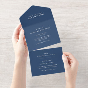 Navy Blue White   Minimalist Modern Elegant Foil All In One Invitation