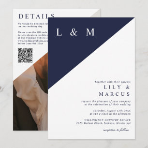 Navy Blue White Minimalist Wedding Photo QR Code Invitation