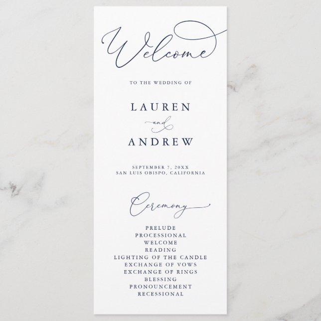 Navy Blue & White Minimalist Wedding Programme (Front)