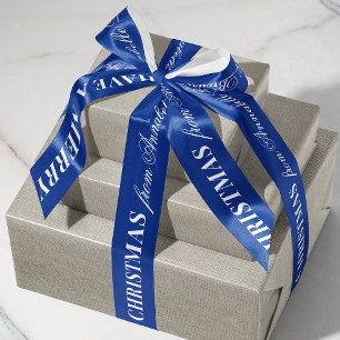 Navy Blue White Mixed Font Merry Christmas Gift Satin Ribbon