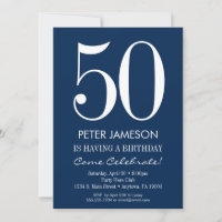 Navy Blue White Modern Adult Birthday Invitations