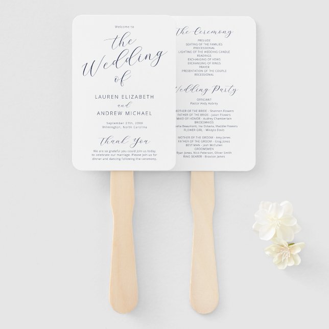 Navy Blue White Modern Calligraphy Wedding Program Hand Fan (Front and Back)