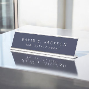 Navy Blue White Modern Elegant Professional Classy Desk Name Plate