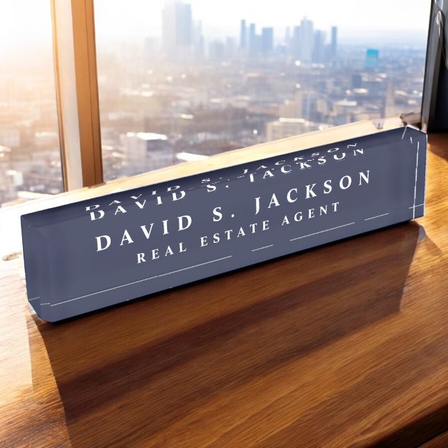 Navy Blue White Modern Elegant Professional Classy Nameplate (Creator Uploaded)