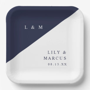 Navy Blue White Modern Minimalist Monogram Wedding Paper Plate