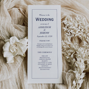 Navy Blue White Modern Minimalist Wedding Programme