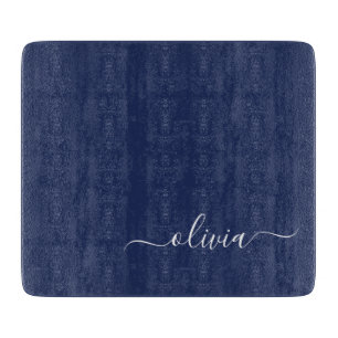 Navy Blue White Modern Script Girly Monogram Name Cutting Board