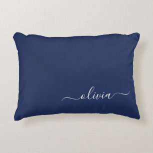 Navy Blue White Modern Script Girly Monogram Name Decorative Cushion