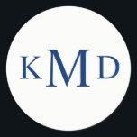 NAVY BLUE White Monogram Bride Groom Wedding Classic Round Sticker<br><div class="desc">Classic and elegant navy blue & white monogram wedding stickers.  Bride,  Groom,  and last name initials. Background colour can be changed to suit your colour scheme. Perfect for reception table decor,  envelopes,  favours,  thank you ... Contact designer for more variations.</div>