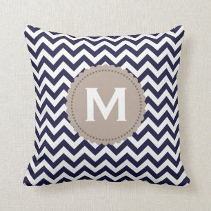 Navy Blue White Monogram Chevron Pattern Cushion